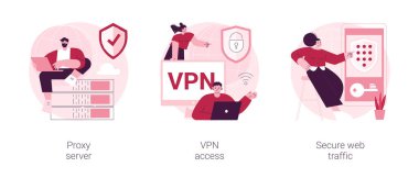 İnternet güvenlik ayarları soyut konsept vektör illüstrasyon seti. Vekil sunucu, VPN erişimi, güvenli web trafiği, IP adresi, ağ erişimi, bağlantı, şifrelenmiş veri aktarımı soyut metaforu.