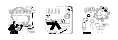 Pazarlama ve satış soyut konsept vektör illüstrasyon seti. Düşük hizmet, işlem pazarlama, sohbet satışları, müşteri ilişkileri, satın alma kararı, dönüşüm soyut metaforu.