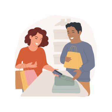 İzole edilmiş karikatür çizimi yapıyorum. Kredi kartı kullanan, yeni kıyafetler alan, elinde önceden ödenmiş kart tutan, vektör karikatüründe duran bir kız..