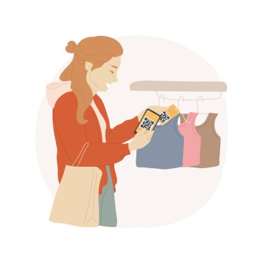 Ürün bilgileri karikatür vektör çizimlerini izole etti. Çekici genç kız QR kodunu depoda tarıyor, ürün hakkında bilgi topluyor ve malların fotoğrafını çekiyor, paket vektör karikatürü tutuyor..