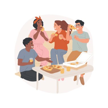 İzole edilmiş çizgi film vektör çiziminin tadını çıkarıyorum. Bir grup mutlu genç ev partisinde birlikte yemek yer, yemek siparişi verir ve pizzanın tadını çıkarır, arkadaşlarının eğlence zamanı vektör karikatürü.