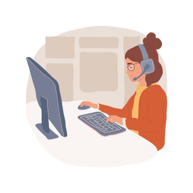 Oyunları ciddi bir şekilde izole edilmiş çizgi film vektör çizimi olarak alıyorum. Gözlüklü ve kulaklıklı konsantre genç kız strateji oyunu oynuyor, neon ışıkları, ev-eğlence vektör karikatürü.