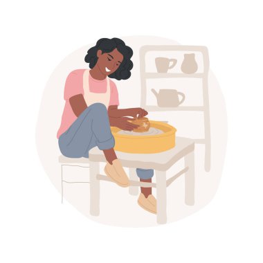 Çömlek izole edilmiş çizgi film vektör çizimi. Çekici genç kız çömlekçi çarkı üzerinde çalışıyor ve gülümsüyor, seramik kasesini kalıba döküyor, yeni yetenekler öğreniyor, hobi vektör çizgi filmiyle boş zaman geçiriyor..