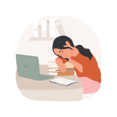 Uyuyan karikatür vektör çizimi. Ödev yaparken uyuyan ergen kız, okul dersinden bıkmış, ergen eğitim problemi, konsantrasyon kaybı vektör karikatürü.