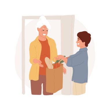 Karikatür çizimi yapan yaşlı insanları ziyaret et. Gençler büyükannesine ev yakınlarında alışveriş yapıyor, yaşlılara yardım ediyor, sosyal hizmetleri yürütüyor, yaşlı vektör karikatürlerine yiyecek getiriyor..