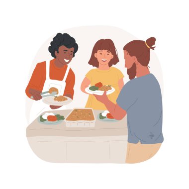 İzole edilmiş çizgi film çizimleri için evsizlere yemek servisi yap. Gönüllü gençler, evsizlere yemek servisi yapan gençler, dilencilere bakmak, yoksulluk sorunu olan vektör karikatürü..