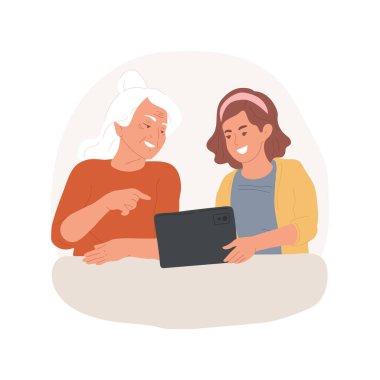 Dijital okuryazarlık öğret, karikatür çizimi yap. Kız büyükanneye tablet öğretiyor, yaşlılara yardım etmek için sosyal hizmetler yürütüyor, gençler gönüllü yaşam tarzı vektör karikatürü çiziyorlar..