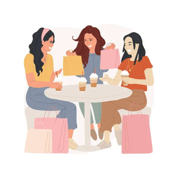 コーヒーショップ隔離された漫画のベクトルイラスト 女の子がたむろし 天気の良い日に余暇時間 十代の友人 カフェテーブルの袋を持つ女の子 コーヒーのカップ 幸せな笑顔ベクトル漫画 — ストックベクタ