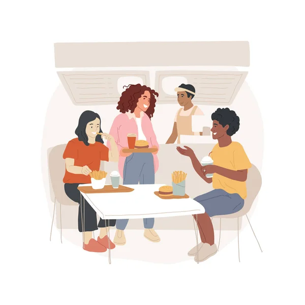 フードコート隔離された漫画のベクトルイラスト 食堂の近くで楽しい時間を過ごし 10代の若者がトレイに座って計画を話し合い ベクトル漫画を食べる — ストックベクタ