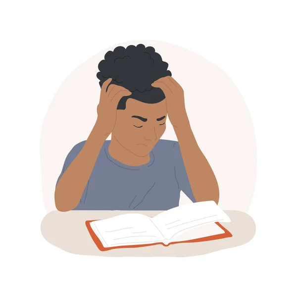 疲れ絶縁漫画のベクトルイラスト 疲れて10代の男の子は本で宿題をしています 男は長い仕事の後にコピーブックで眠っています 重い研究 思春期の教育と疲労ベクトル漫画 — ストックベクタ