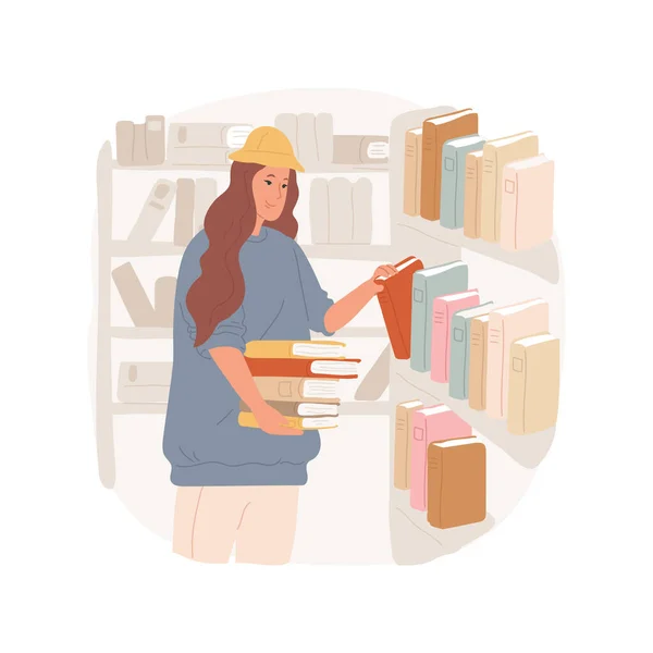図書館の隔離された漫画のベクトル図で働く 美しいティーン少女持っている最初の仕事で図書館 ティーン立って近くの書棚 夏仕事 行の本ベクトル漫画 — ストックベクタ
