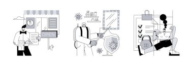 Covid19 iş kısıtlamaları soyut konsept vektör çizimi. Restoranların yeniden açılması, güzellik salonlarının temizlenmesi, fitness kulüpleri ve spor salgınları düzenlemeleri, sosyal uzaklık metaforu..