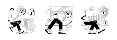 Bilgi kontrolü ve soyut konsept vektör çizimi seti. Genel veri koruma düzenlemesi, bilgisayar adli tıp, siber güvenlik risk yönetimi, dijital tehdit soyut metaforu.