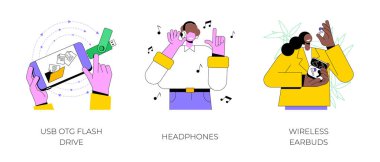 Gadget ve aksesuarlar karikatür vektör çizimleri seti. USB OTG flaş bellek, kulaklıklı ve kablosuz kulaklıklı müzik dinlemek, dış bellek, mobil teknoloji vektör karikatürü.