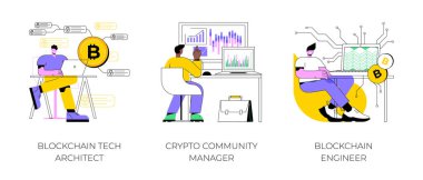 Blockchain jobs isolated cartoon vector illustrations set. Tech architect works at computer, crypto community manager, blockchain engineer profession, computing specialist vector cartoon. clipart