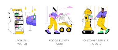 Servis robotları karikatür vektör çizimlerini izole etti. Restoranda servis sunan tepsileri olan robot garson, yemek dağıtım robotu, otonom kurye, müşteri hizmetleri insanımsı makine çizgi filmi.