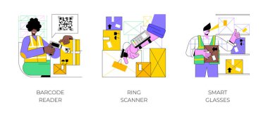Depo cihazları karikatür vektör çizimleri ayarlandı. İşçi, malları barkod okuyucu ile tarar, malları halka tarayıcı ile kontrol eder, akıllı gözlük vektör karikatürü kullanarak envanteri yönetir.