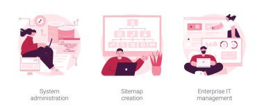 Bilgisayar sistemleri soyut konsept vektör çizimi seti. Sistem yönetimi, sitemap oluşturma, şirket bilişim yönetimi, web sitesi optimizasyonu, bilişim yazılımı çözümleri soyut metafor.