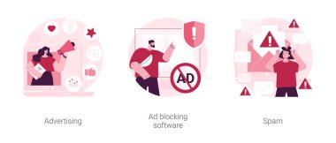 İnternet tanıtım kampanyası soyut konsept vektör çizimi seti. Reklamcılık, reklam engelleme yazılımı, spam yayılımı, tarayıcı uzantısı, posta filtresi, hedef kitle soyut metaforu.