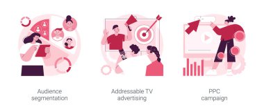 Dijital reklam kampanyası soyut konsept vektör çizimi seti. İzleyici segmentasyonu, adreslenebilir TV reklamları, PPC kampanyası, hedef pazarlama, arama motoru, trafik soyut metaforu.