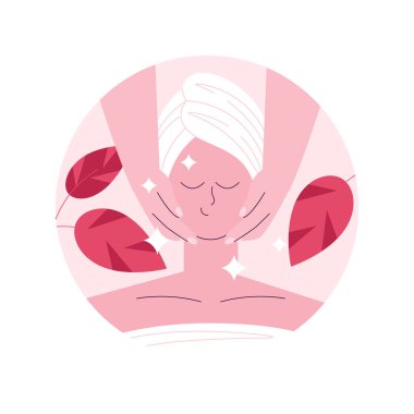 Yüz masajı soyut konsept vektör çizimi. Spa tedavisi, yüz ve boyun gerdirme, profesyonel cilt bakımı, sağlık ve rahatlama, kozmetoloji kliniği, thai salonu, soyut güzellik metaforu.