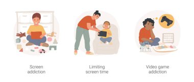 Dijital bağımlılık karikatür vektör çizimi seti. Ekran bağımlılığı, tablet üzerinde oynayan bebek oyuncaklar dağınık, aygıt kullanımını sınırlayan zaman, tablet, video oyunu vektör karikatürü.
