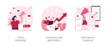 İnternet reklamcılığı soyut konsept vektör illüstrasyonu seti. Çevrimiçi pazarlama, dönüştürme oranı optimizasyonu, çok araçlı hedefleme, SEO optimizasyonu, kurşun cazibesi, stratejik soyut metafor.