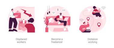 İşsizlik ve uzak iş olanakları soyut konsept vektör illüstrasyonu seti. Yerinden edilmiş işçiler, serbest çalışan, mesafelere çalışan, online girişimcilik, dijital göçebe soyut metaforu..