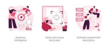 İş analizi soyut konsept vektör çizimi seti. İş Zekası, vizyon ve kapsam belgesi, yazılım gereksinimi açıklaması, yazılım çevik proje yönetimi soyut metaforu.