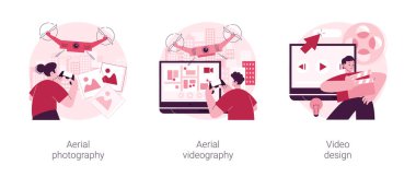 Ticari çekim konsept vektör illüstrasyon seti. Hava fotoğrafçılığı ve video tasarımı, İHA fotoğrafı, video düzenleme yazılımı, emlak, post-prodüksiyon soyut metaforu.