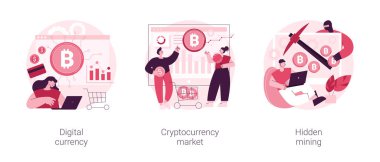 Dijital para cirosu soyut konsept vektör çizimi seti. Dijital para birimi, kripto para piyasası, gizli madencilik, gömülü senaryo geliştirme, engelleme zinciri teknolojisi, işletim soyut metaforu.
