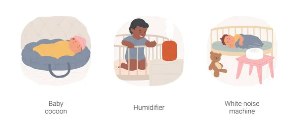 一个独立于婴儿的健康睡眠卡通人物插图集 新生儿睡在一个小茧里 房间里湿气很好 婴儿看了看加湿器 白色噪音机矢量卡通片 — 图库矢量图片