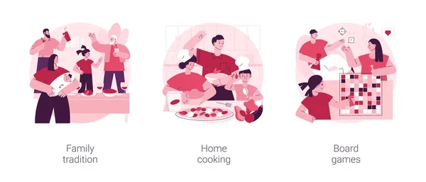 抽象的なコンセプトベクトルイラストセットを集める 家族の伝統 家庭料理 ボードゲーム ホームパーティー 料理レシピ 楽しいアクティビティのアイデア 伝統的な食事 お祝い抽象的なメタファー — ストックベクタ