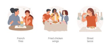 Gençler izole edilmiş çizgi film çizim setini yiyorlar. Kızarmış patatesler, gülen gençler, kızarmış tavuk kanatları, tako kamyonu, abur cubur vektör karikatürü..