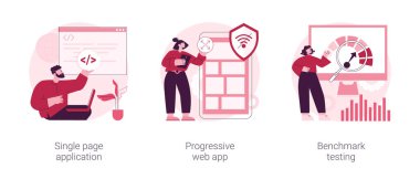 Web geliştirme soyut konsept vektör çizimi seti. Tek sayfa uygulaması, ilerici web uygulaması, kriter testi, ilgili web sitesi, çevrimdışı çalışan uygulama soyut metafor.
