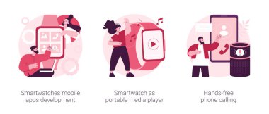 Giyilebilir aygıtlar soyut konsept vektör çizimi seti. Smartwatches mobil uygulamalar geliştirme, taşınabilir medya oynatıcı olarak akıllı twatch, elsiz telefon görüşmesi, sesli komut aramaları soyut metafor.