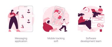 Akıllı telefon uygulaması soyut konsept vektör çizimi seti. Mesajlaşma uygulaması, mobil takip yumuşak, yazılım geliştirme takımı, sohbet uygulaması, GPS izleme, dış kaynak şirket soyut metaforu.