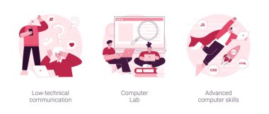 Bilgisayar becerileri soyut konsept vektör illüstrasyon seti gerektirir. Düşük teknik iletişim, bilgisayar laboratuvarı, gelişmiş beceriler, bilişim öğrenimi, yaşlılar için cihazlar, labaratuvar soyut metaforu.
