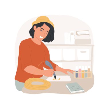 3 boyutlu karikatür vektör çizimi. 3D kalemle çizen genç bir kız, laboratuarda deney yapıyor, gençlerin hobisi, yeni yetenekler öğreniyor, boş zaman vektör karikatürü..