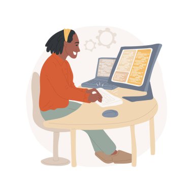 İzole edilmiş karikatür vektör çizimi kodlanıyor. Heyecanlı çocuk programlama ve kodlama, gençlerin hobisi, yeni beceriler öğrenirken boş zaman, vektör çizgi filmine yakından bakmak,.