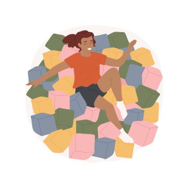 Kuru havuz karikatür vektör çizimi. Kuru havuzda, eğlence merkezinde, aktif yaşam tarzında, trambolin parkı çizgi filmindeki kapalı oyun alanında oynayan ve zıplayan kız..