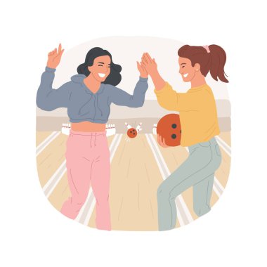 Bowling kulübü karikatür vektör illüstrasyonunu izole etti. Bowling kulübünde takılmak, genç arkadaşlarla, takım oyuncularıyla, bowling oynayan kızlarla takılmak, kapalı mekan aktivite vektör karikatürü..