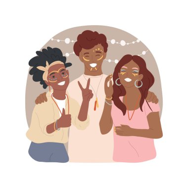 Karanlık izole çizgi film vektör illüstrasyonunda parıltı. Arkadaşlar partisi, koyu makyajlı parlayan, doğum günü kutlaması neon boyalı yüzler, kızlar ve oğlanlar gülen vektör karikatürü..