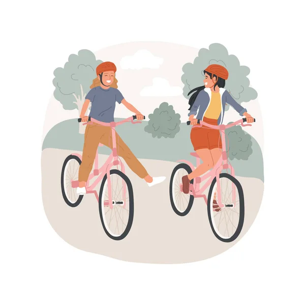 市の自転車孤立した漫画のベクトルイラスト 公園で自転車に乗っている女の子 10代の屋外でぶら下がって サイクリングレジャー時間 友人のコミュニケーション 都市の人々のライフスタイルベクトル漫画 — ストックベクタ