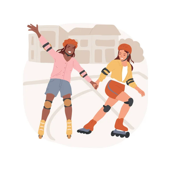 롤러스케이트는 삽화이다 롤러스케이트를 공원에서 어울리는 친구들의 여자들은 재미를 느끼고 만화를 — 스톡 벡터