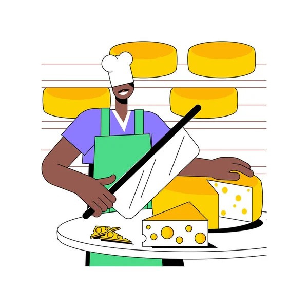 チーズ生産隔離された漫画のベクトルイラスト 酪農場 農業産業 農業労働者 二次生産部門のベクトル漫画でチーズを作る笑顔の男性 — ストックベクタ