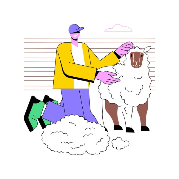 羊绒生产孤立漫画病媒插图 在农场 农产企业理念 二级生产部门制作羊绒的年轻农民漫画 — 图库矢量图片