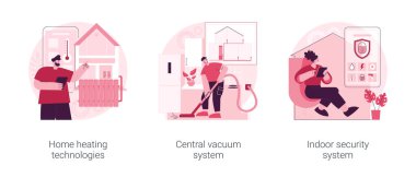 Ev teknolojileri soyut konsept vektör çizimi seti. Ev ısıtması, merkezi vakum sistemi, kapalı alan güvenliği, akıllı ev aletleri otomasyonu, mobil uygulama, ev içi soyut metafor.