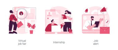 İş teklifi soyut konsept vektör illüstrasyon seti. Sanal iş fuarı, staj, iş alarmı, çevrimiçi işe alım, insan kaynakları hizmetleri, mesleki büyüme, soyut metafor oluşturma.