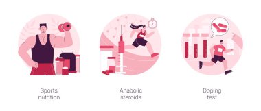 Spor desteği soyut konsept vektör illüstrasyon seti. Spor beslenme, anabolik steroidler, doping testi, kas kütlesi, atletik performans, laboratuvar analizi, kan örneği soyut metaforu..